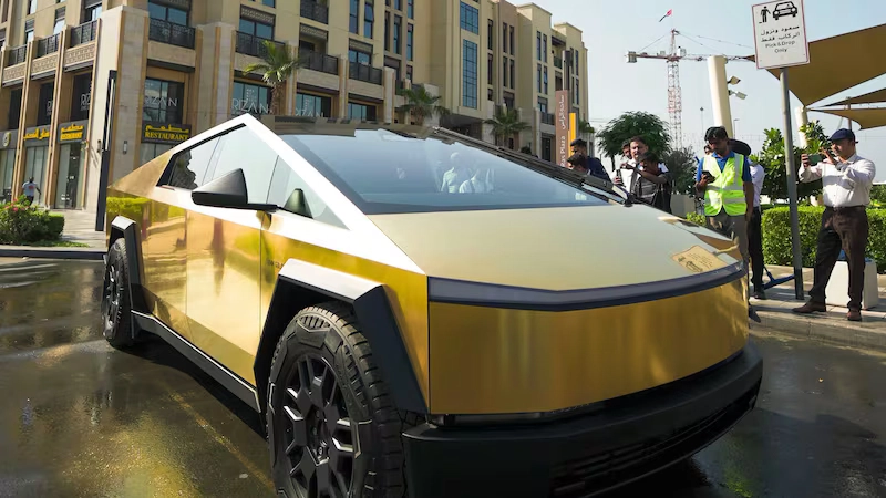 <p>Gold-plated Tesla Cybertruck goes on display in Dubai – and it could be yours</p>